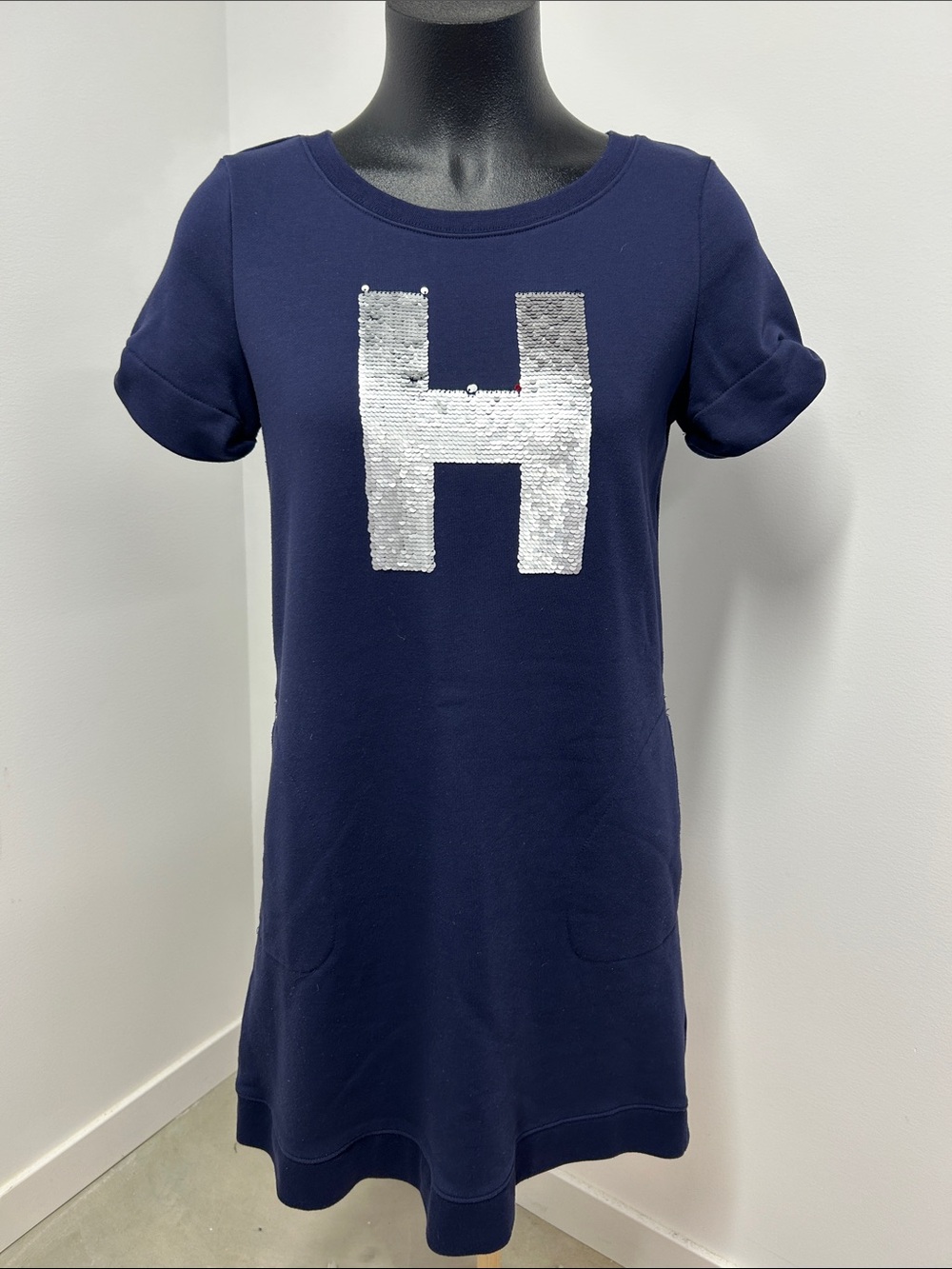 Tommy Hilfiger Navy Blue Sequin Flip "H" Sweatshirt Dress Size L